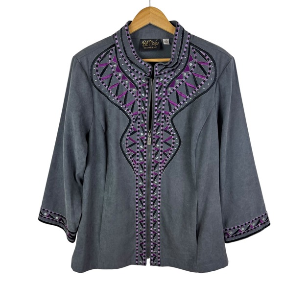 Bob Mackie Embroidered Zip Up Faux Suede Jacket Coat 1X Boho Chic Artsy Unique - Picture 1 of 9
